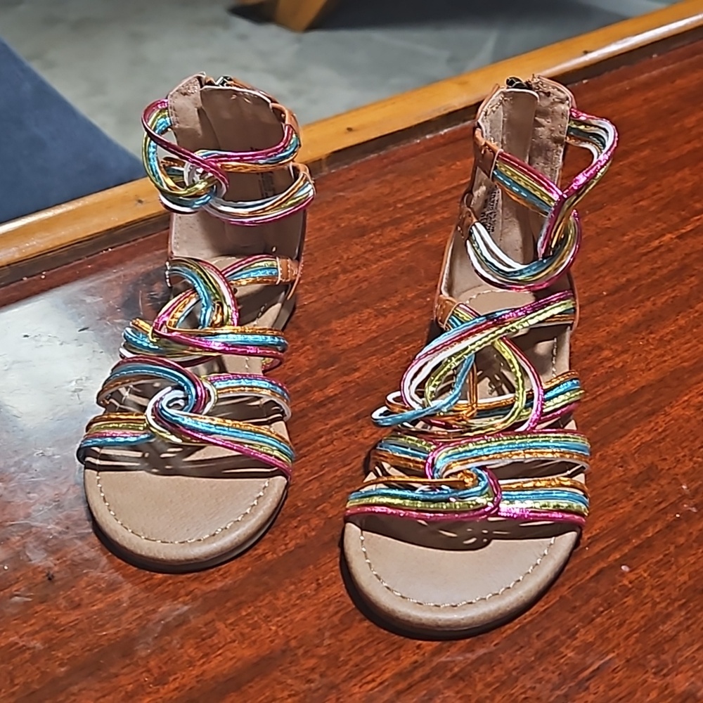 Toddler girls metallic color rainbow colored pink metallic. And leather sandal
